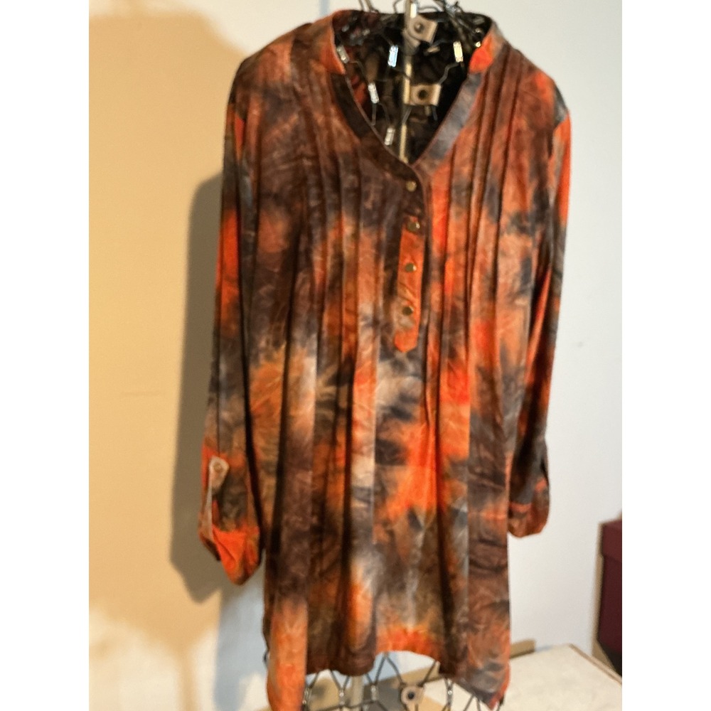 New‎ Directions XL Tie Dye Embroidered Henley Tunic Top Orange Gray Roll Tab